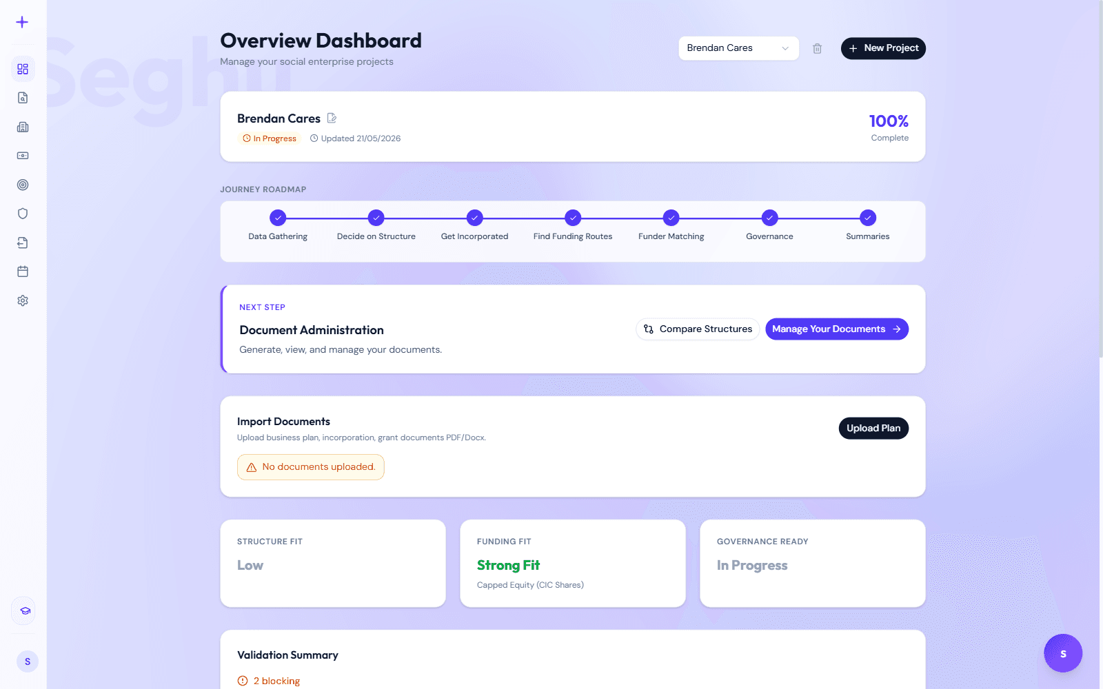 SEGHU dashboard showing the journey roadmap with structure, funding and governance fit