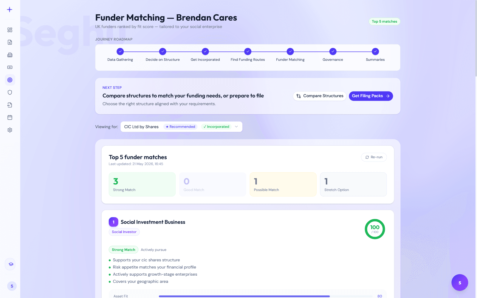 Funder matching showing the ranked funders with fit scores